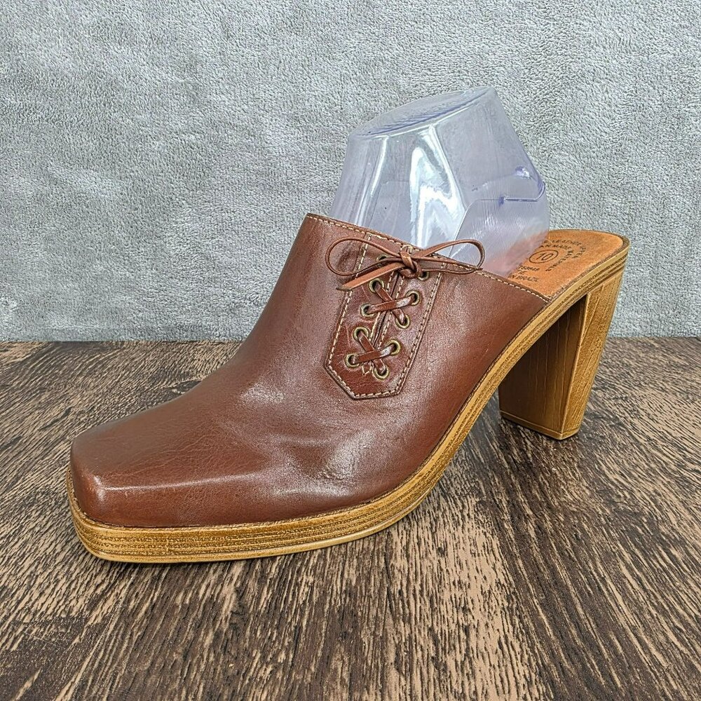 No Boundaries Vintage Mules Clogs Heels 10 Brown Square Toe Leather Y2K Side Tie - Picture 15 of 15